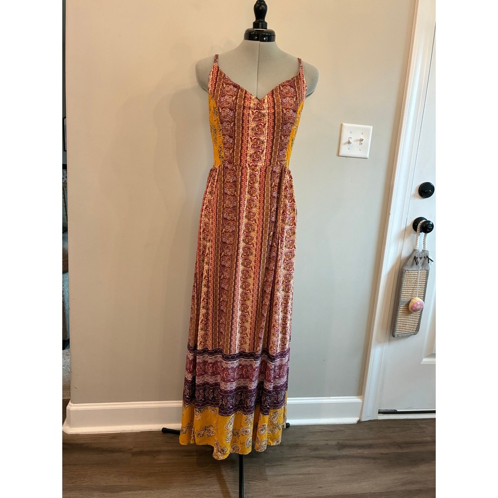 Angie Womens Boho Paisley Floral Print Smocked Back Maxi Dress Mustard Large